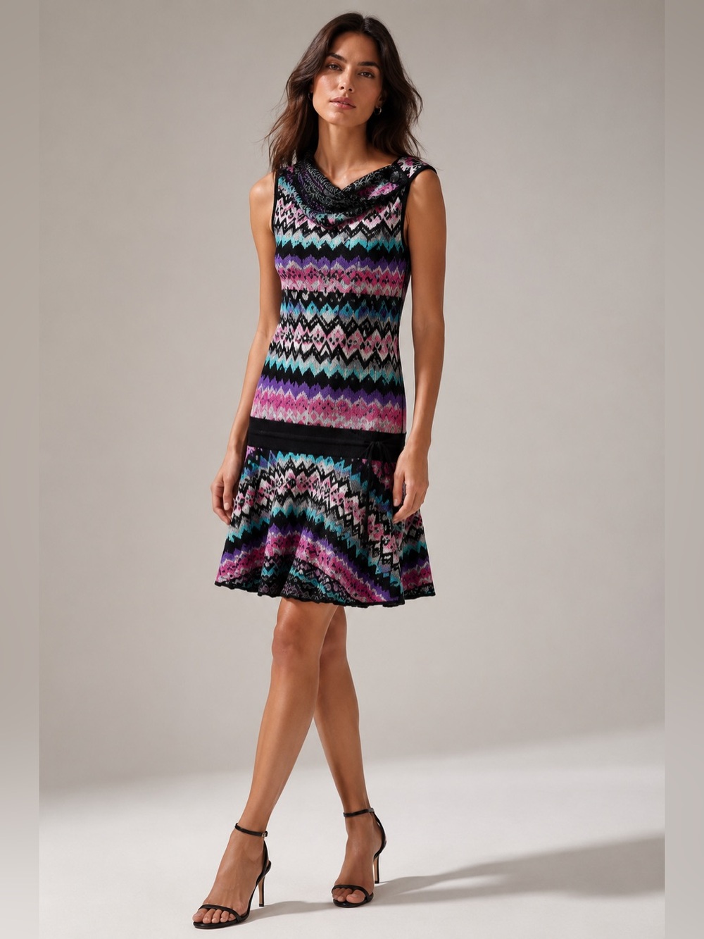 KALI Cotton Knit Drop Waist Fair Isle Cowl Neck Sweater Dress Stretch Canada